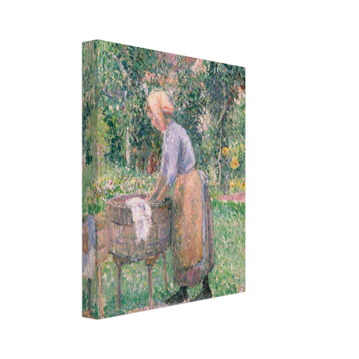 Impressionist painting by Camille Pissarro of a woman in a bonnet and apron washing clothes in a wooden tub in a sunlit green garden. — Slim Canvas