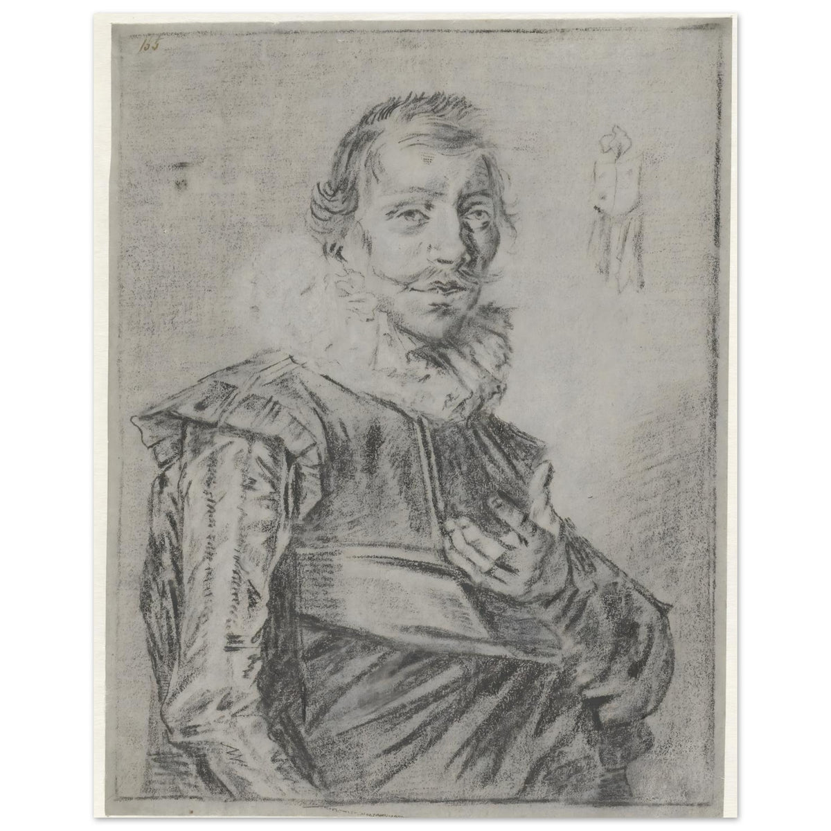 A black chalk portrait sketch of a 17th-century man with a mustache and ruffled collar, looking directly at the viewer. — Aluminum Print