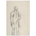A black chalk sketch by Camille Pissarro of a standing peasant man wearing a hat and coat on vertically-lined, off-white paper. — Museum-Quality Poster
