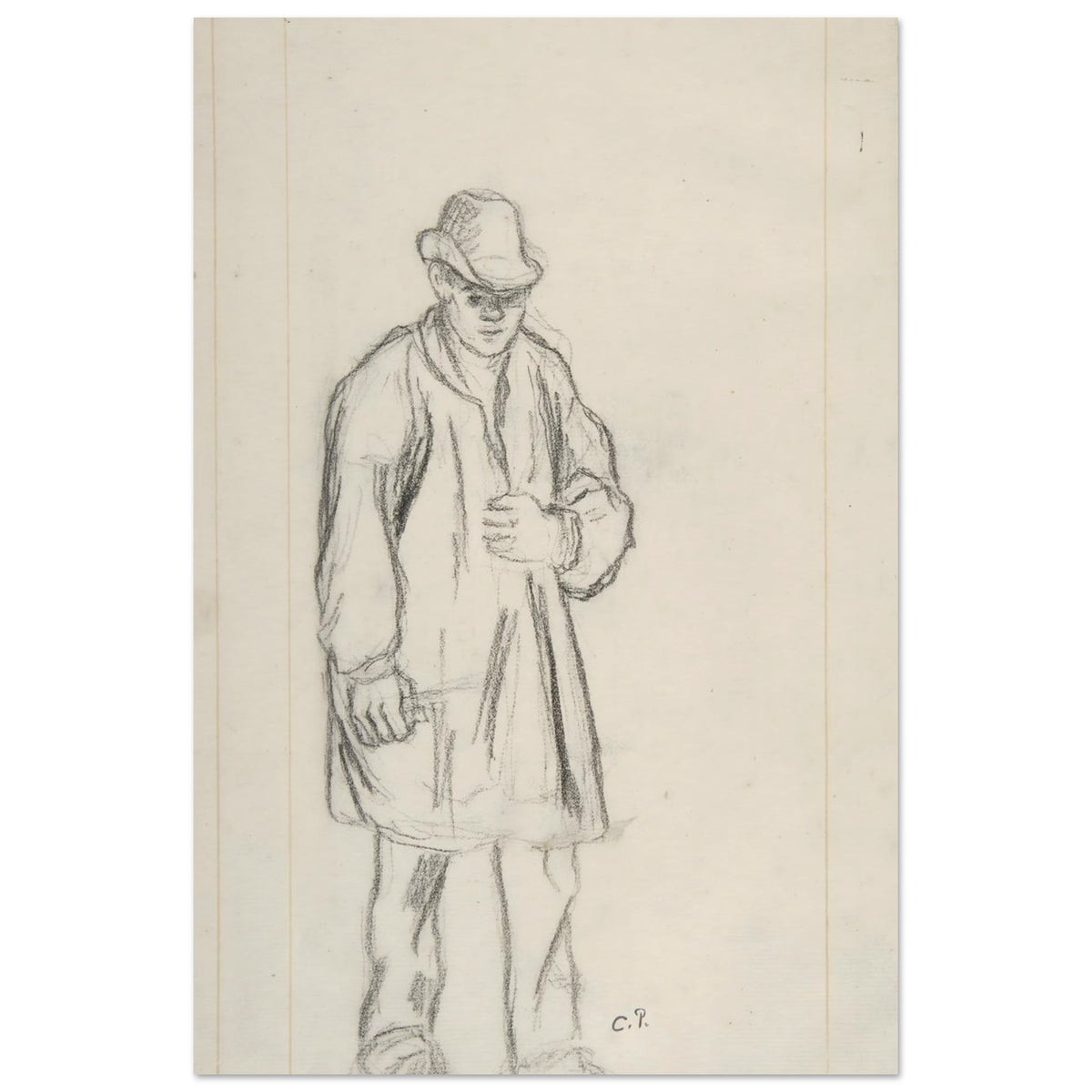 A black chalk sketch by Camille Pissarro of a standing peasant man wearing a hat and coat on vertically-lined, off-white paper. — Museum-Quality Poster