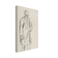 A black chalk sketch by Camille Pissarro of a standing peasant man wearing a hat and coat on vertically-lined, off-white paper. — Slim Canvas