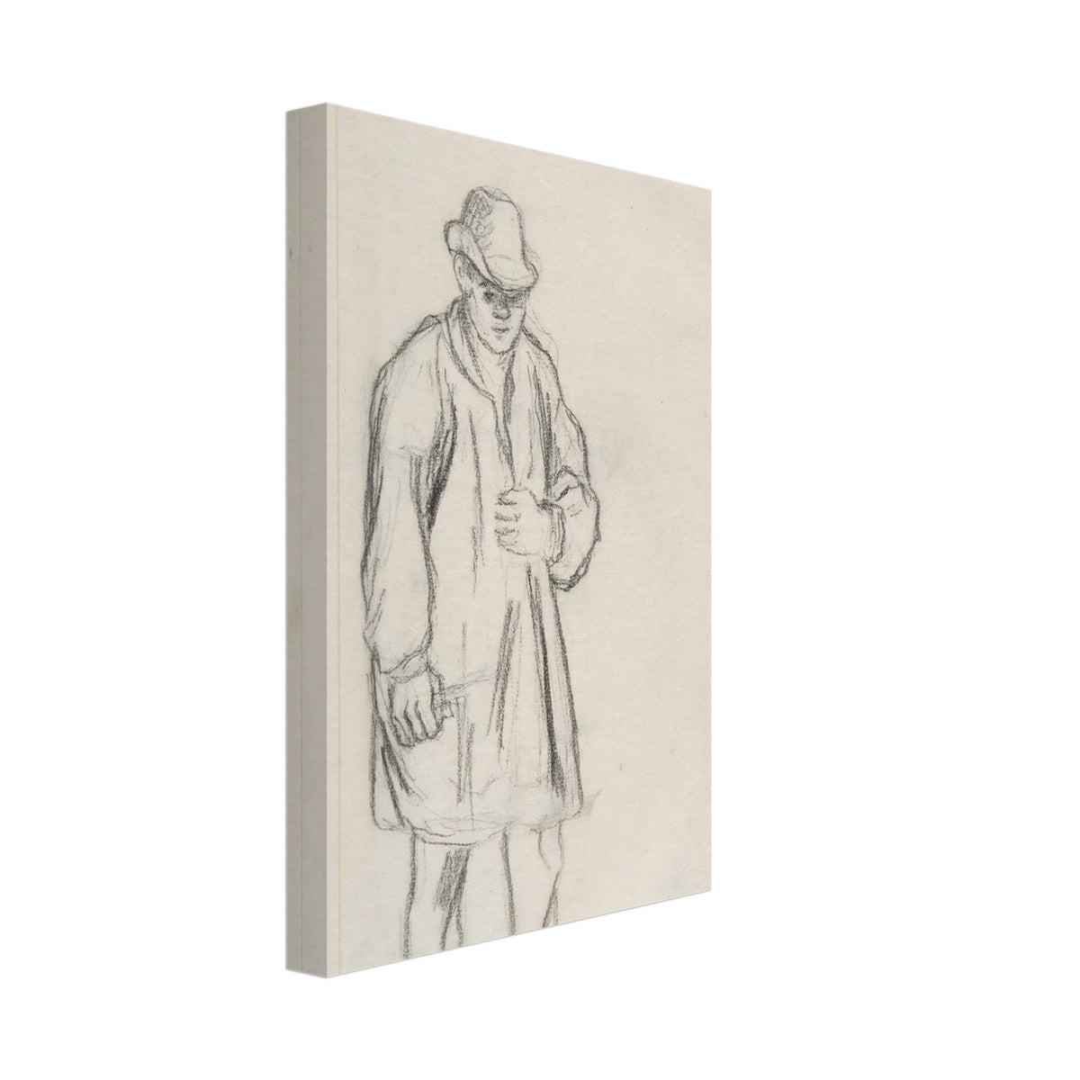 A black chalk sketch by Camille Pissarro of a standing peasant man wearing a hat and coat on vertically-lined, off-white paper. — Slim Canvas