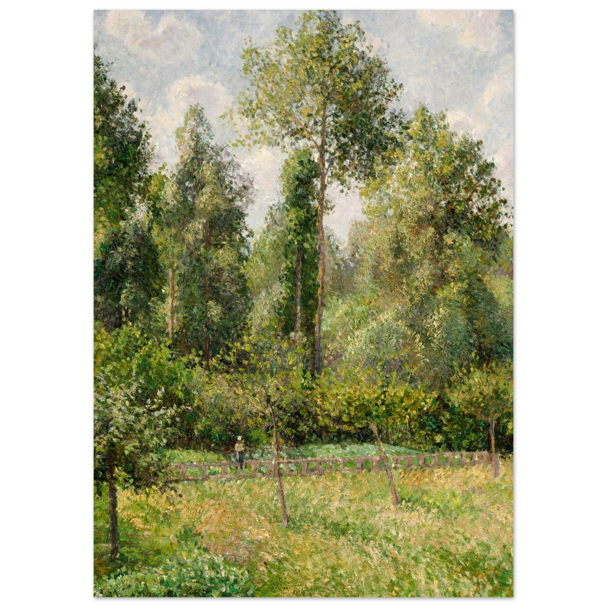 Impressionist painting of a sunlit meadow bordered by a dense forest of tall poplar trees under a partly cloudy sky. A small figure stands by a fence. — Museum-Quality Poster