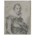 A black chalk portrait sketch of a 17th-century man with a mustache and ruffled collar, looking directly at the viewer. — Museum-Quality Poster
