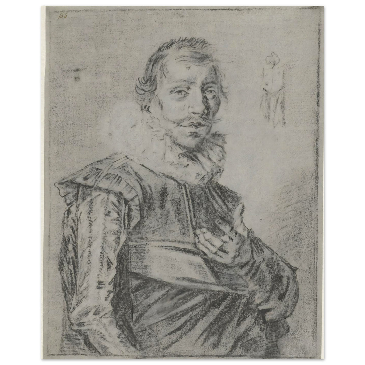 A black chalk portrait sketch of a 17th-century man with a mustache and ruffled collar, looking directly at the viewer. — Museum-Quality Poster