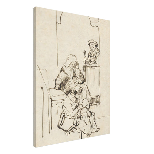 Pen and ink sketch by Rembrandt depicting a domestic scene with three women and a child near an arched doorway. The style is loose and expressive. — Slim Canvas
