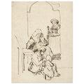 Pen and ink sketch by Rembrandt depicting a domestic scene with three women and a child near an arched doorway. The style is loose and expressive. — Museum-Quality Poster