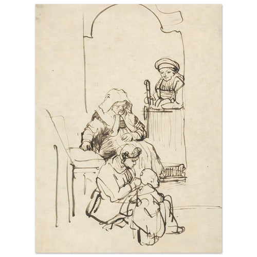 Pen and ink sketch by Rembrandt depicting a domestic scene with three women and a child near an arched doorway. The style is loose and expressive. — Museum-Quality Poster