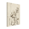Pen and ink sketch by Rembrandt depicting a domestic scene with three women and a child near an arched doorway. The style is loose and expressive. — Slim Canvas