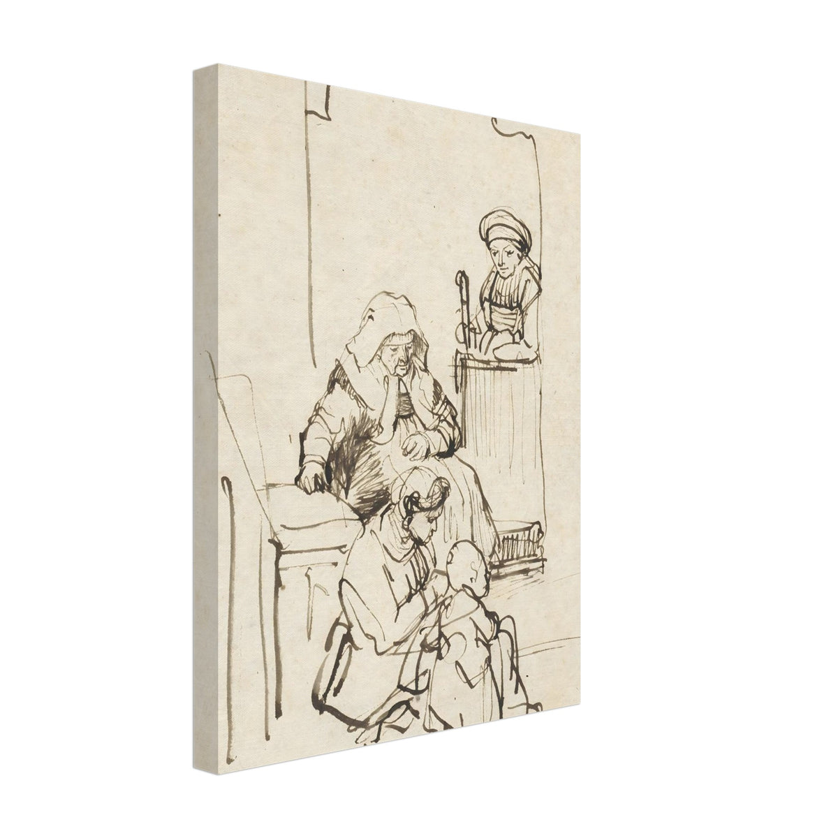 Pen and ink sketch by Rembrandt depicting a domestic scene with three women and a child near an arched doorway. The style is loose and expressive. — Slim Canvas