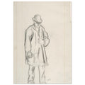 A black chalk sketch by Camille Pissarro of a standing peasant man wearing a hat and coat on vertically-lined, off-white paper. — Fine Art Poster