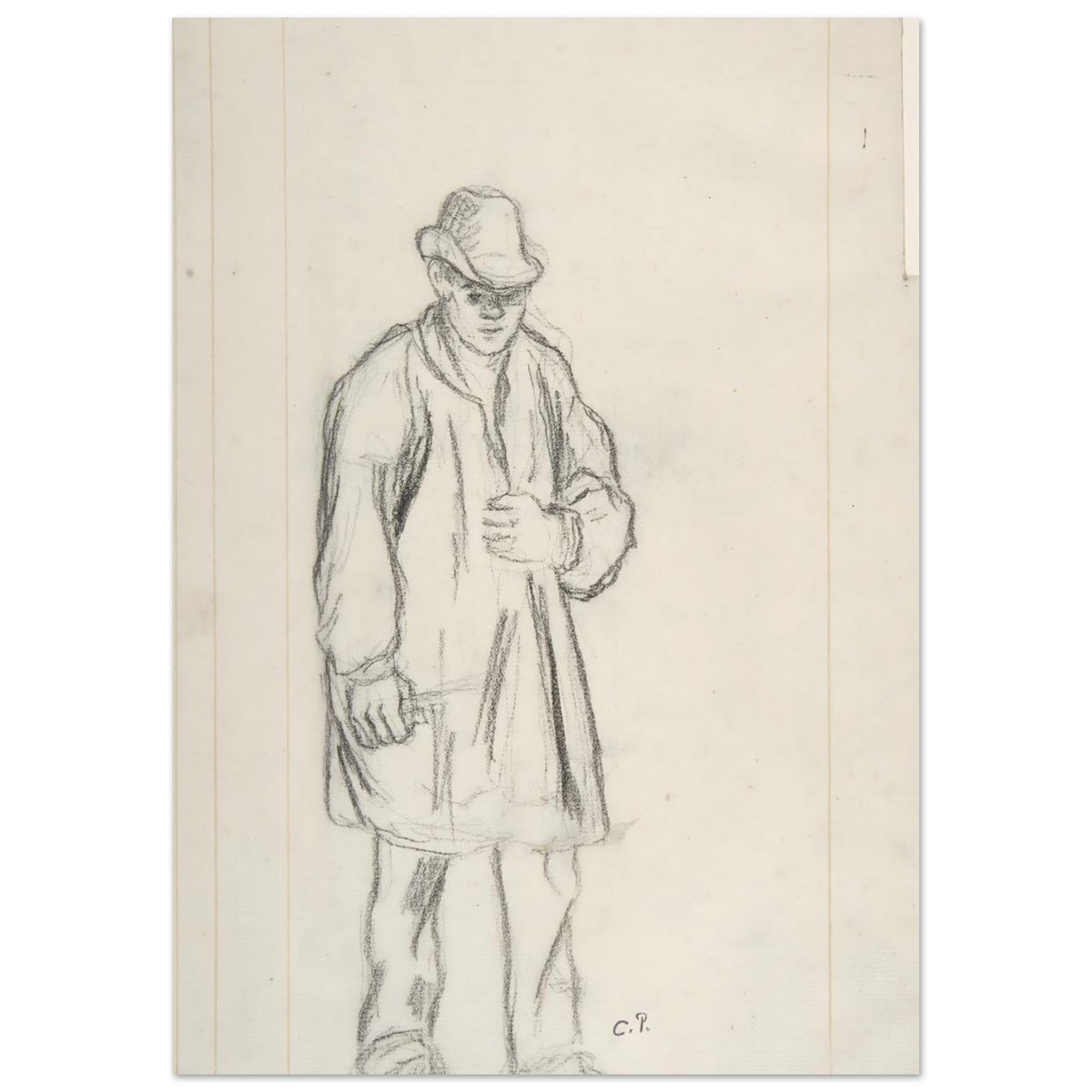 A black chalk sketch by Camille Pissarro of a standing peasant man wearing a hat and coat on vertically-lined, off-white paper. — Fine Art Poster