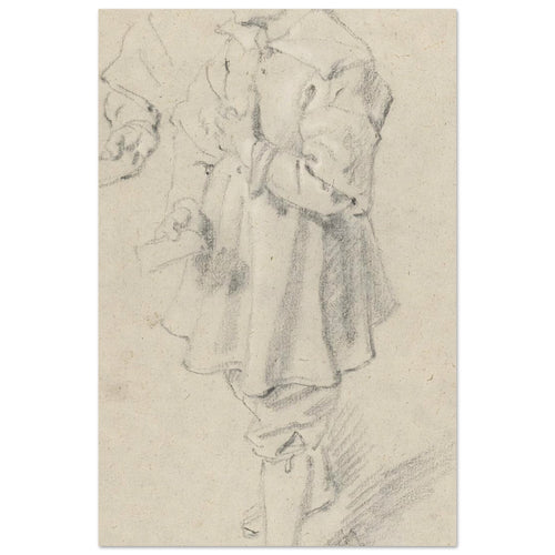 A black chalk sketch on warm-toned paper of a young boy in 17th-century clothing, standing in profile and looking to the left. — Museum-Quality Poster