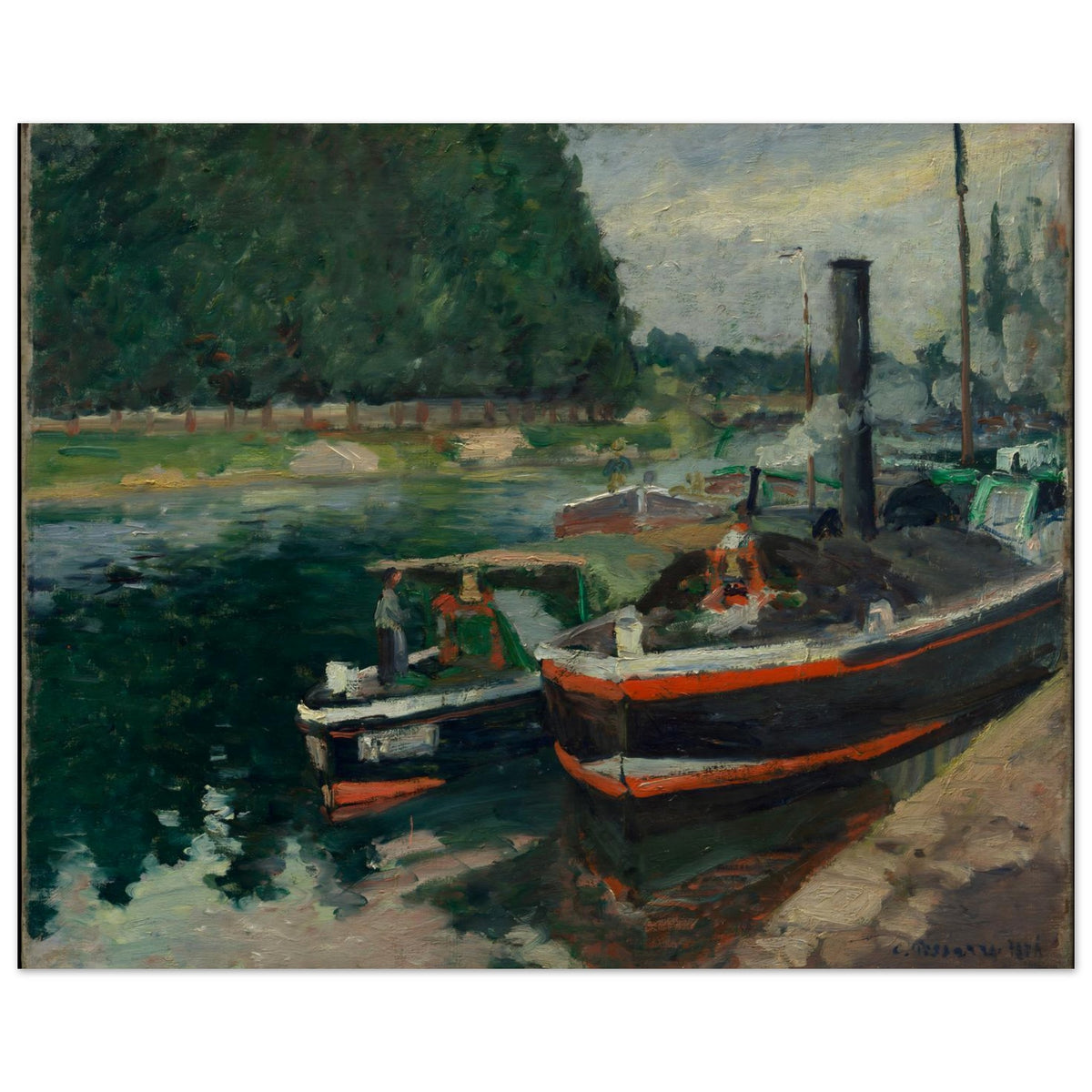 Impressionist oil painting of several barges moored on a green river. A large, dark boat with a red stripe is in the foreground. — Museum-Quality Poster