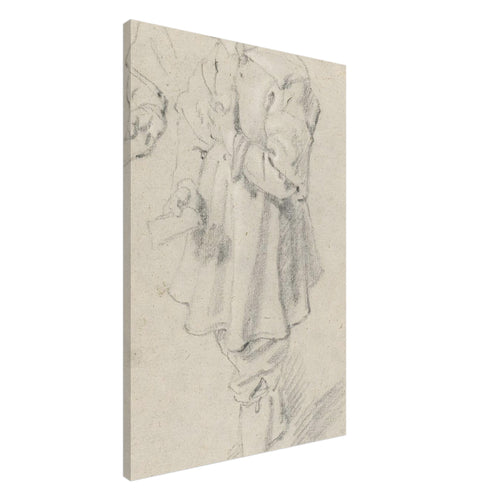 A black chalk sketch on warm-toned paper of a young boy in 17th-century clothing, standing in profile and looking to the left. — Slim Canvas