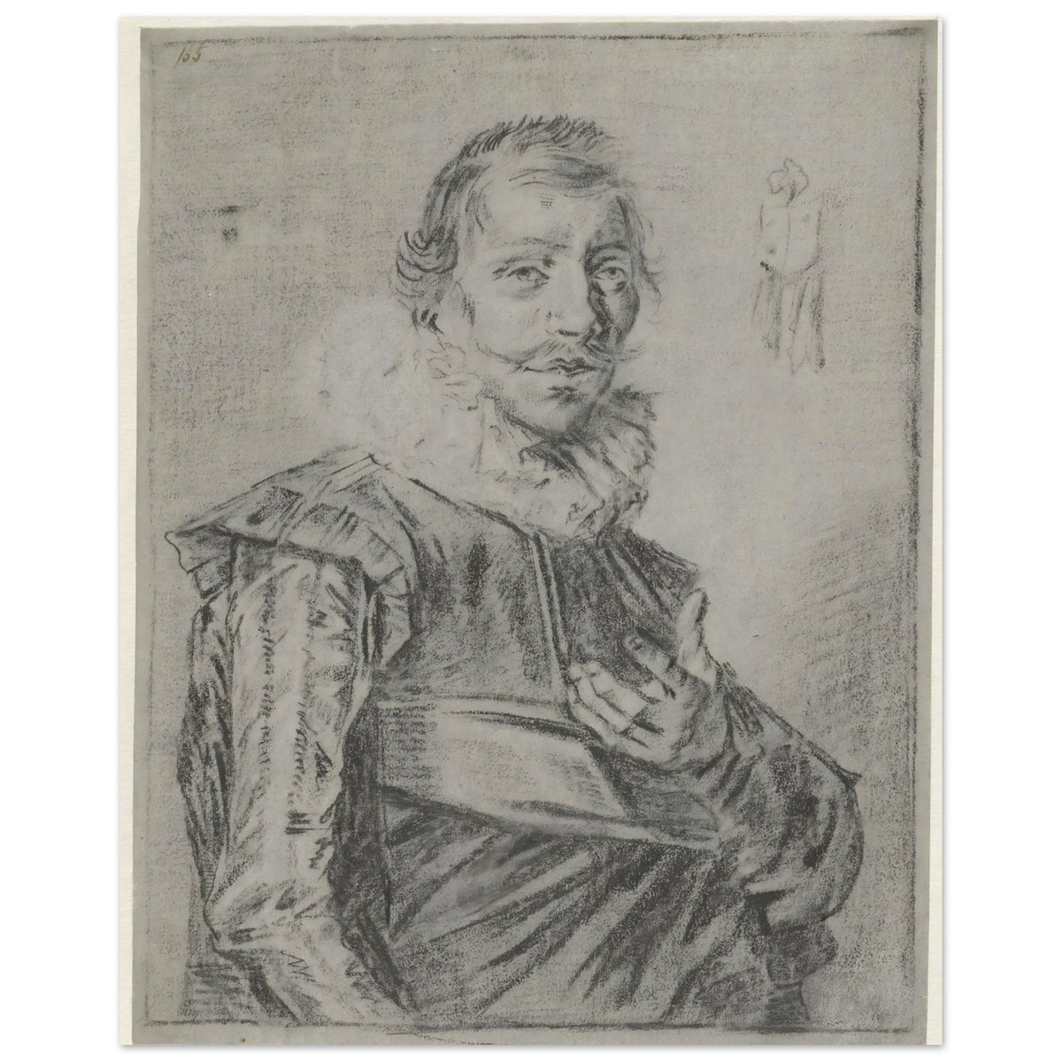 A black chalk portrait sketch of a 17th-century man with a mustache and ruffled collar, looking directly at the viewer. — Museum-Quality Poster