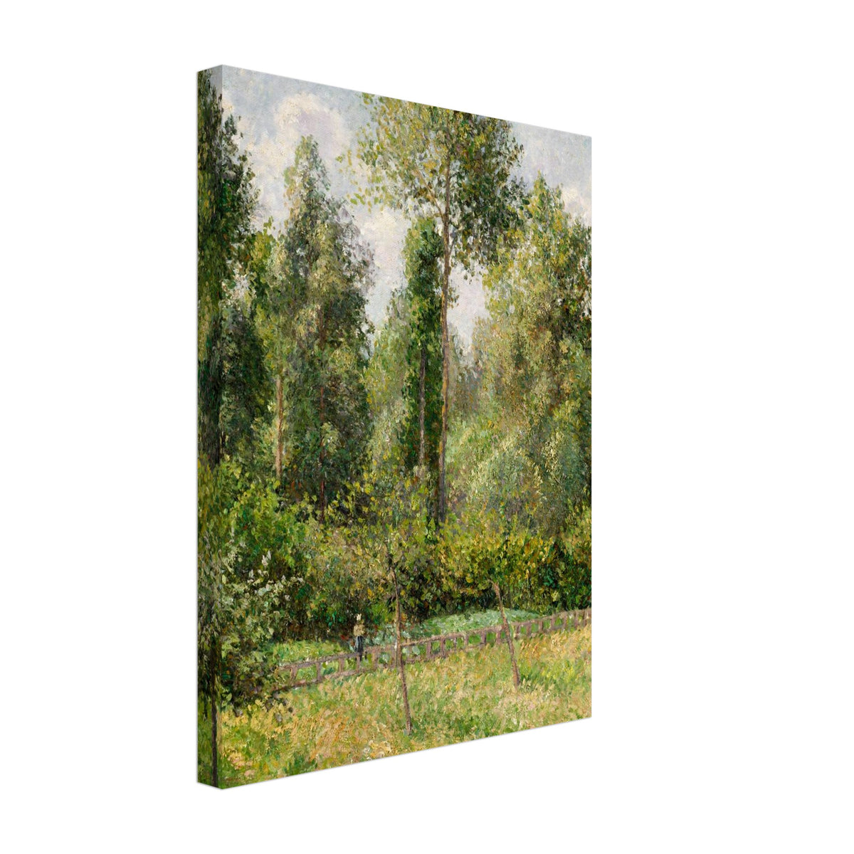 Impressionist painting of a sunlit meadow bordered by a dense forest of tall poplar trees under a partly cloudy sky. A small figure stands by a fence. — Slim Canvas