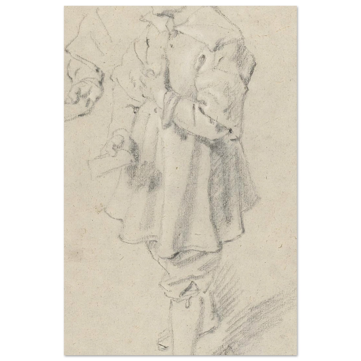 A black chalk sketch on warm-toned paper of a young boy in 17th-century clothing, standing in profile and looking to the left. — Museum-Quality Poster