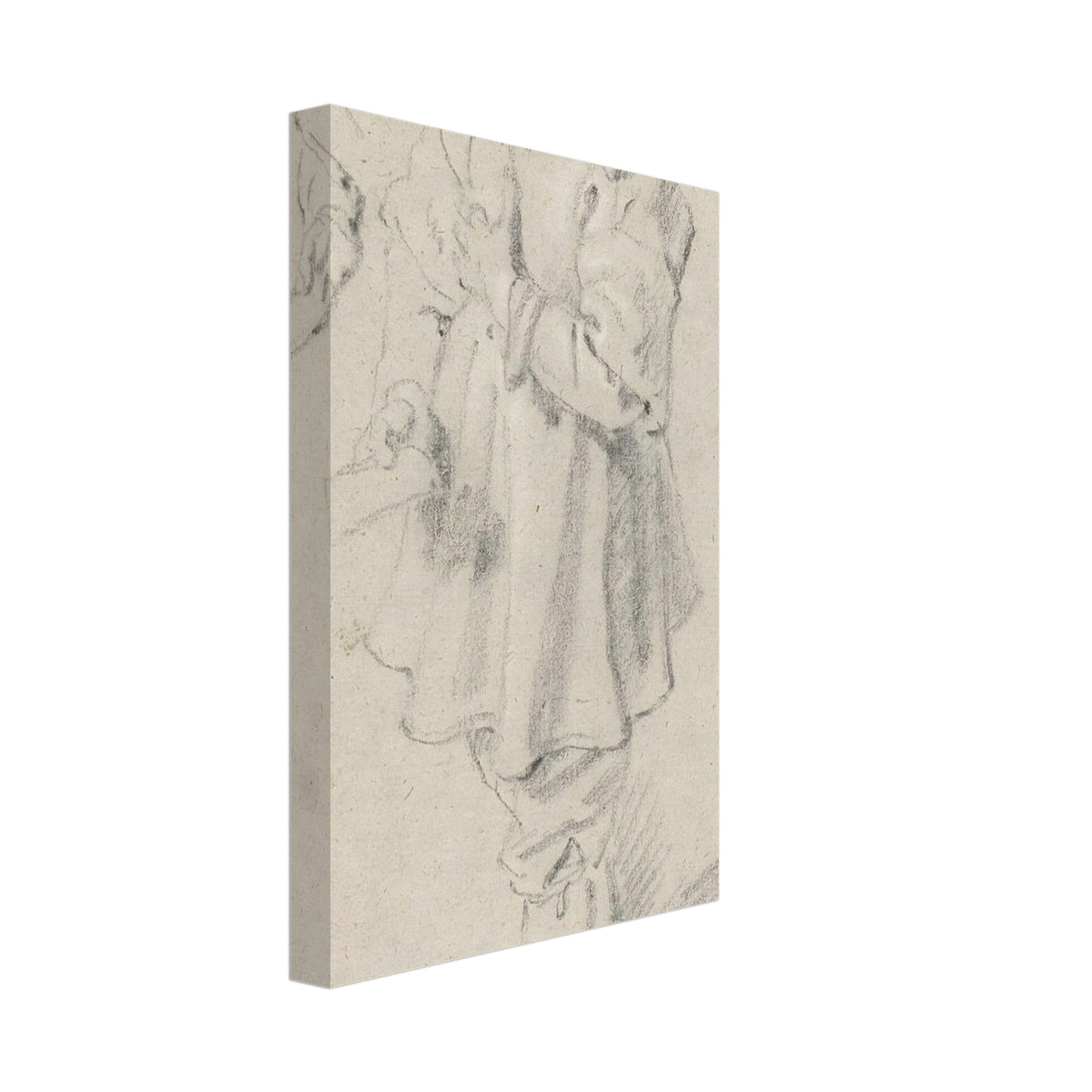 A black chalk sketch on warm-toned paper of a young boy in 17th-century clothing, standing in profile and looking to the left. — Slim Canvas