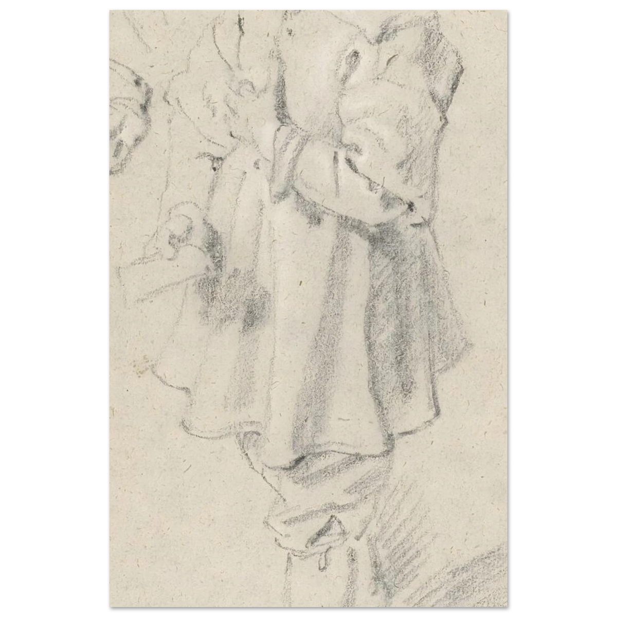 A black chalk sketch on warm-toned paper of a young boy in 17th-century clothing, standing in profile and looking to the left. — Aluminum Print