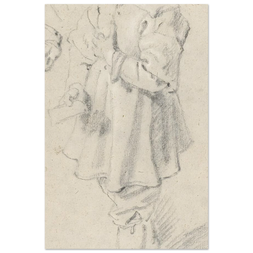 A black chalk sketch on warm-toned paper of a young boy in 17th-century clothing, standing in profile and looking to the left. — Aluminum Print