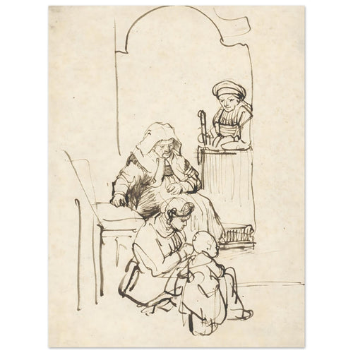 Pen and ink sketch by Rembrandt depicting a domestic scene with three women and a child near an arched doorway. The style is loose and expressive. — Fine Art Poster