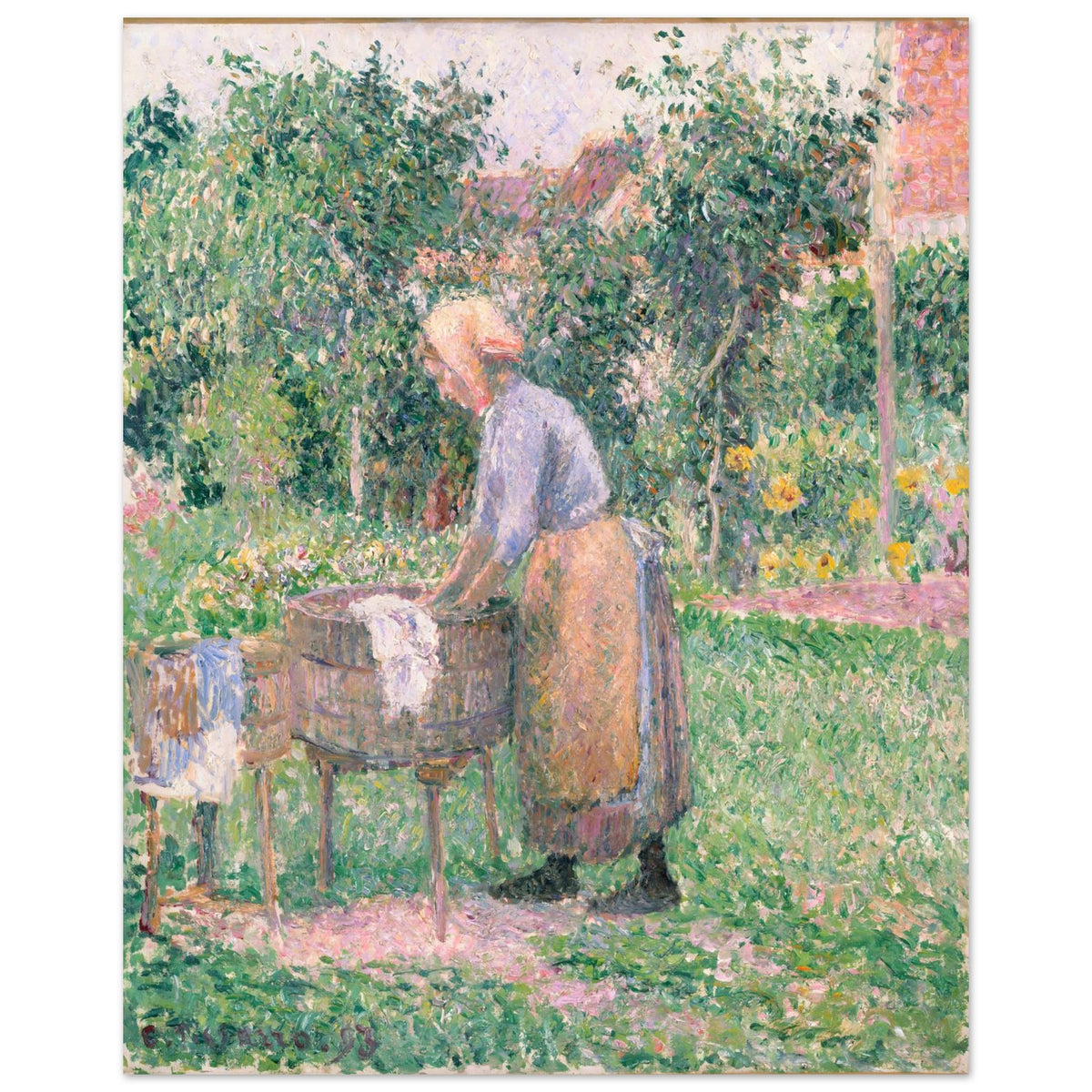 Impressionist painting by Camille Pissarro of a woman in a bonnet and apron washing clothes in a wooden tub in a sunlit green garden. — Aluminum Print