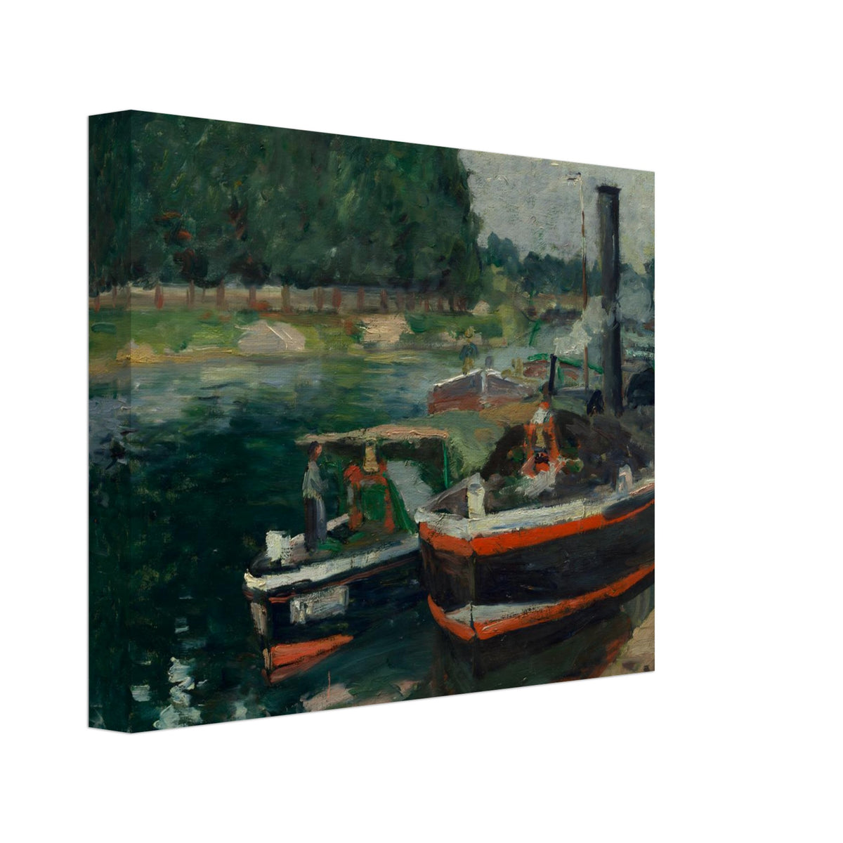 Impressionist oil painting of several barges moored on a green river. A large, dark boat with a red stripe is in the foreground. — Slim Canvas