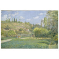 Impressionist painting of a French rural landscape with a cowherd and cow on a path, rolling green hills, and a house in the distance under a blue sky. — Fine Art Poster