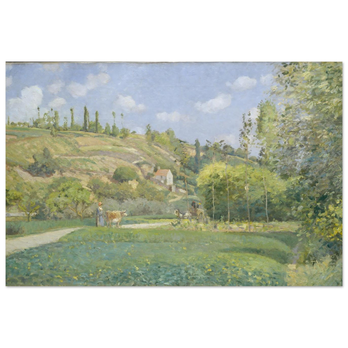 Impressionist painting of a French rural landscape with a cowherd and cow on a path, rolling green hills, and a house in the distance under a blue sky. — Fine Art Poster
