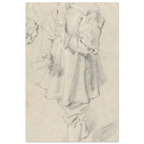 A black chalk sketch on warm-toned paper of a young boy in 17th-century clothing, standing in profile and looking to the left. — Aluminum Print