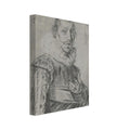 A black chalk portrait sketch of a 17th-century man with a mustache and ruffled collar, looking directly at the viewer. — Slim Canvas