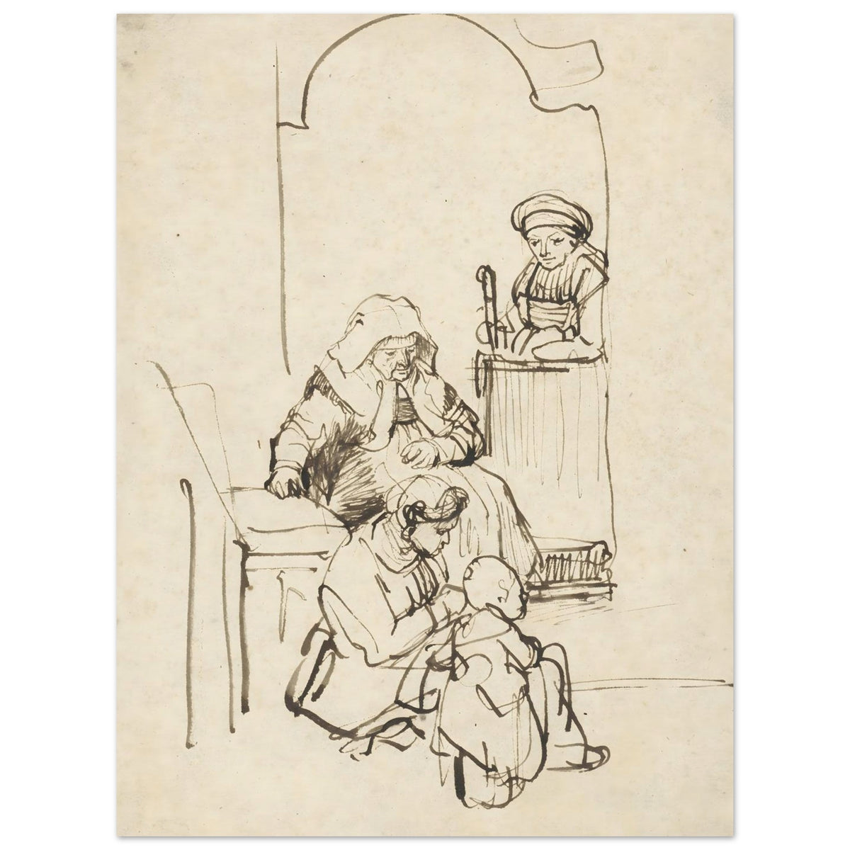 Pen and ink sketch by Rembrandt depicting a domestic scene with three women and a child near an arched doorway. The style is loose and expressive. — Museum-Quality Poster
