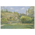 Impressionist painting of a French rural landscape with a cowherd and cow on a path, rolling green hills, and a house in the distance under a blue sky. — Museum-Quality Poster