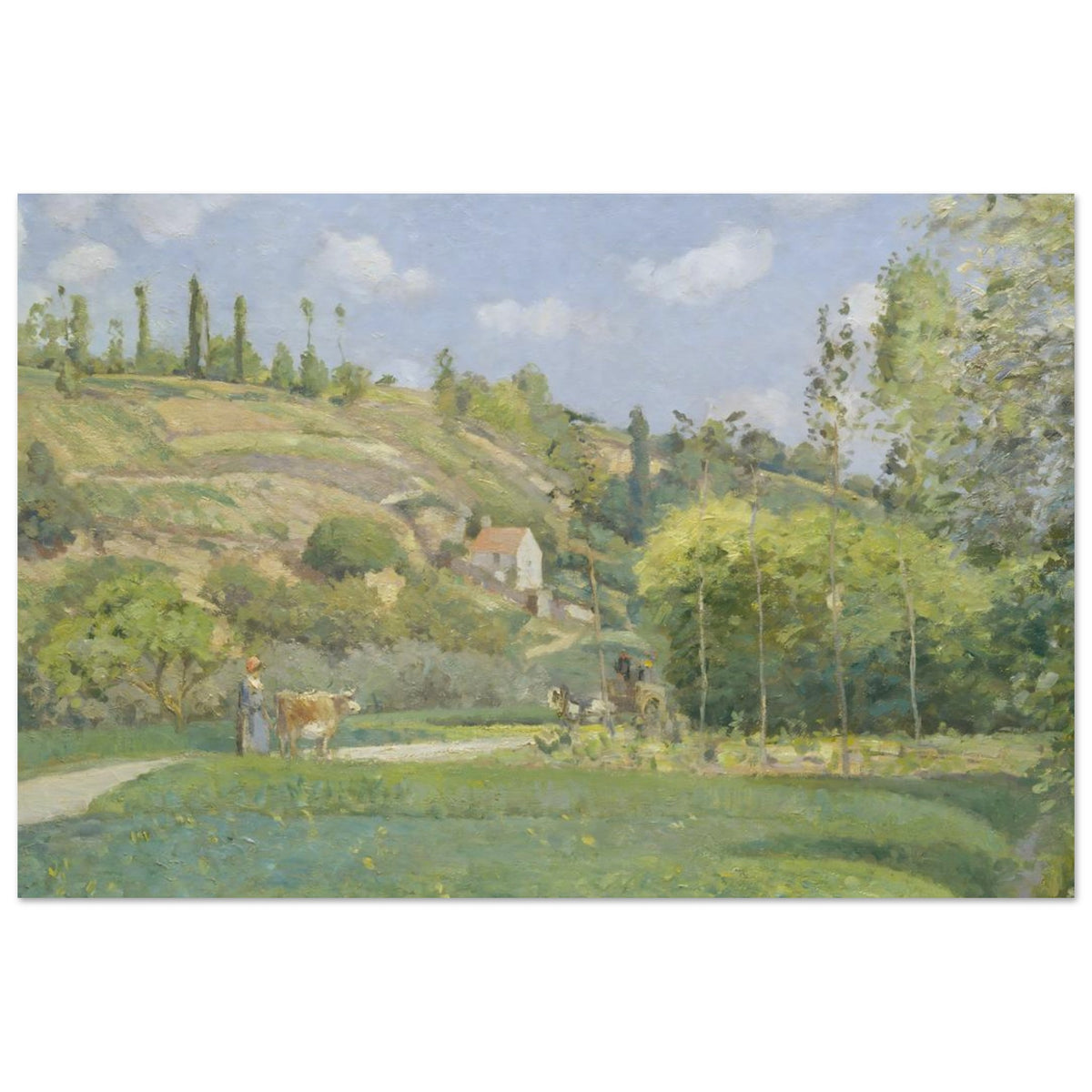 Impressionist painting of a French rural landscape with a cowherd and cow on a path, rolling green hills, and a house in the distance under a blue sky. — Museum-Quality Poster