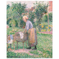 Impressionist painting by Camille Pissarro of a woman in a bonnet and apron washing clothes in a wooden tub in a sunlit green garden. — Fine Art Poster