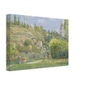 Impressionist painting of a French rural landscape with a cowherd and cow on a path, rolling green hills, and a house in the distance under a blue sky. — Slim Canvas