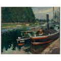 Impressionist oil painting of several barges moored on a green river. A large, dark boat with a red stripe is in the foreground. — Fine Art Poster