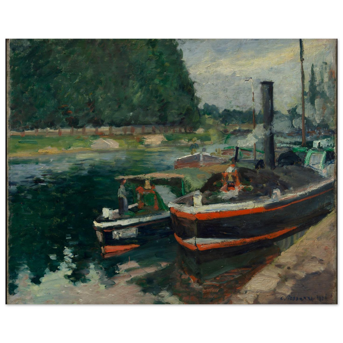 Impressionist oil painting of several barges moored on a green river. A large, dark boat with a red stripe is in the foreground. — Fine Art Poster