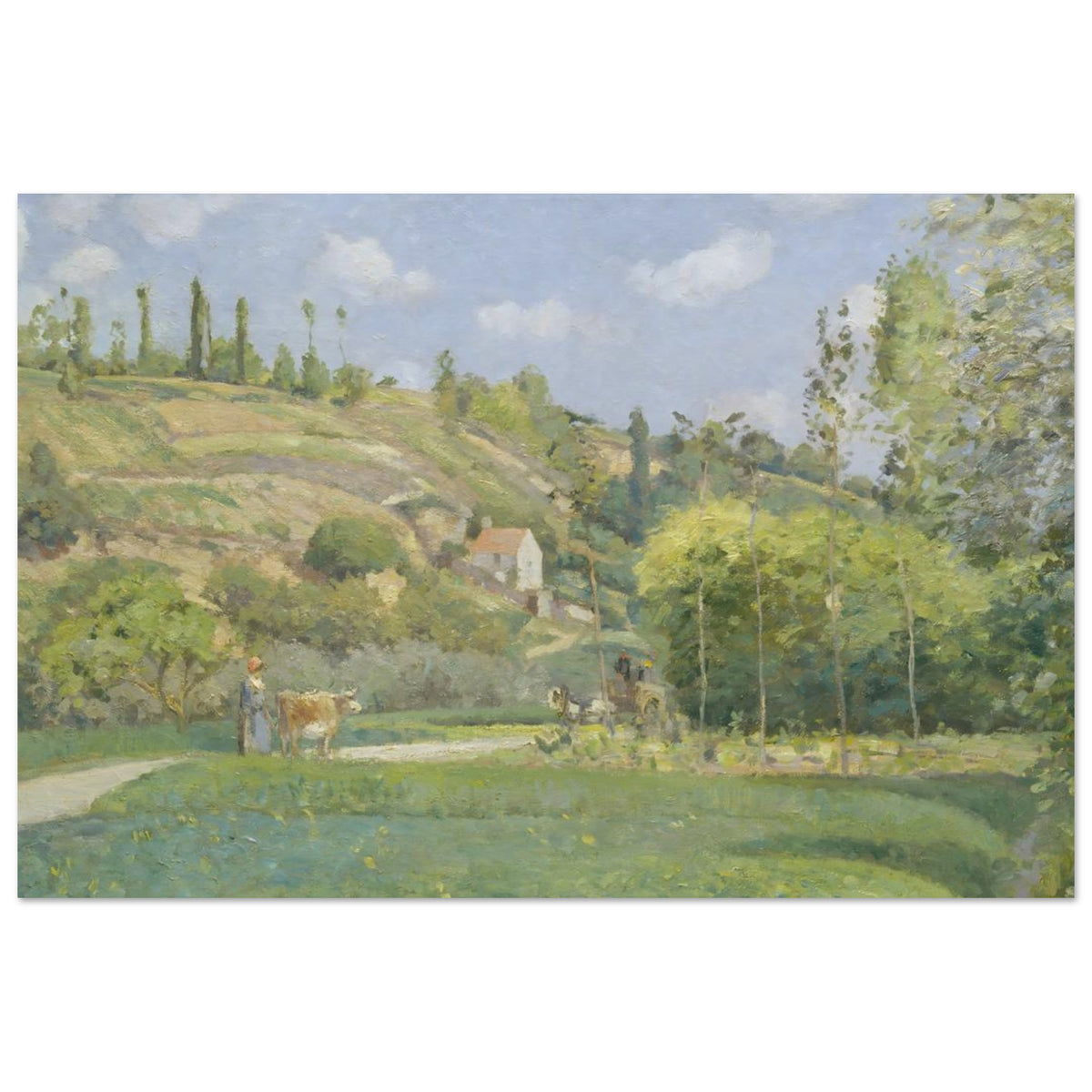 Impressionist painting of a French rural landscape with a cowherd and cow on a path, rolling green hills, and a house in the distance under a blue sky. — Museum-Quality Poster