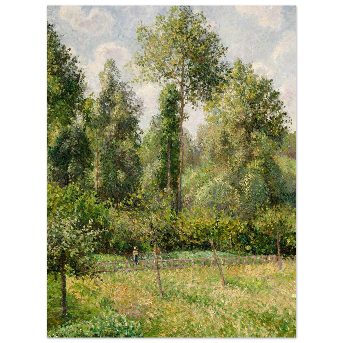 Impressionist painting of a sunlit meadow bordered by a dense forest of tall poplar trees under a partly cloudy sky. A small figure stands by a fence. — Museum-Quality Poster