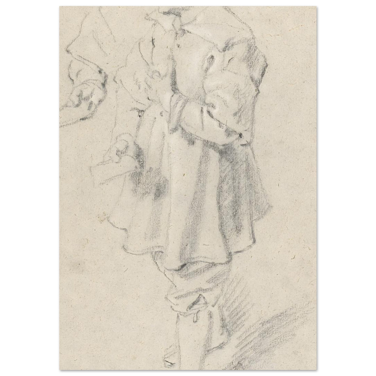 A black chalk sketch on warm-toned paper of a young boy in 17th-century clothing, standing in profile and looking to the left. — Fine Art Poster