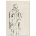 A black chalk sketch by Camille Pissarro of a standing peasant man wearing a hat and coat on vertically-lined, off-white paper. — Aluminum Print