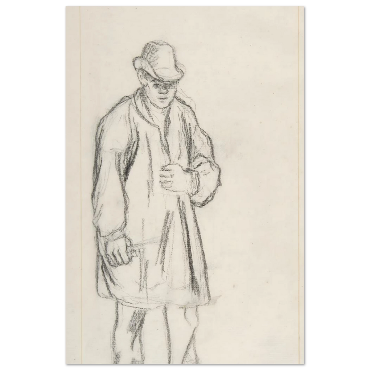 A black chalk sketch by Camille Pissarro of a standing peasant man wearing a hat and coat on vertically-lined, off-white paper. — Aluminum Print