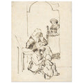 Pen and ink sketch by Rembrandt depicting a domestic scene with three women and a child near an arched doorway. The style is loose and expressive. — Fine Art Poster