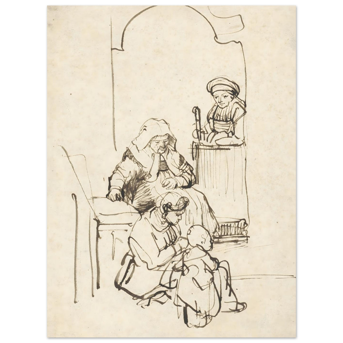 Pen and ink sketch by Rembrandt depicting a domestic scene with three women and a child near an arched doorway. The style is loose and expressive. — Fine Art Poster