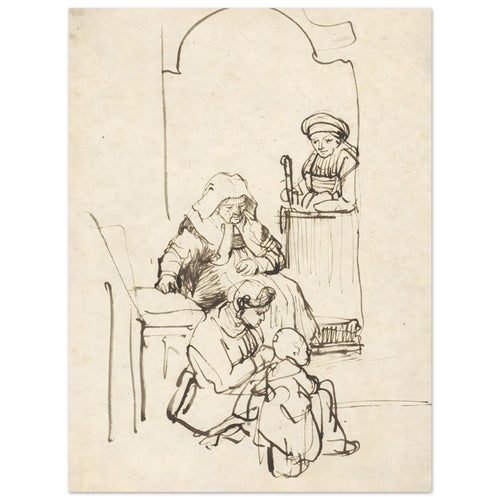 Pen and ink sketch by Rembrandt depicting a domestic scene with three women and a child near an arched doorway. The style is loose and expressive. — Fine Art Poster