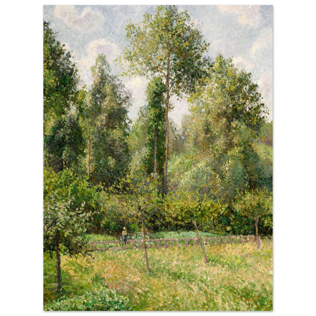 Impressionist painting of a sunlit meadow bordered by a dense forest of tall poplar trees under a partly cloudy sky. A small figure stands by a fence. — Aluminum Print