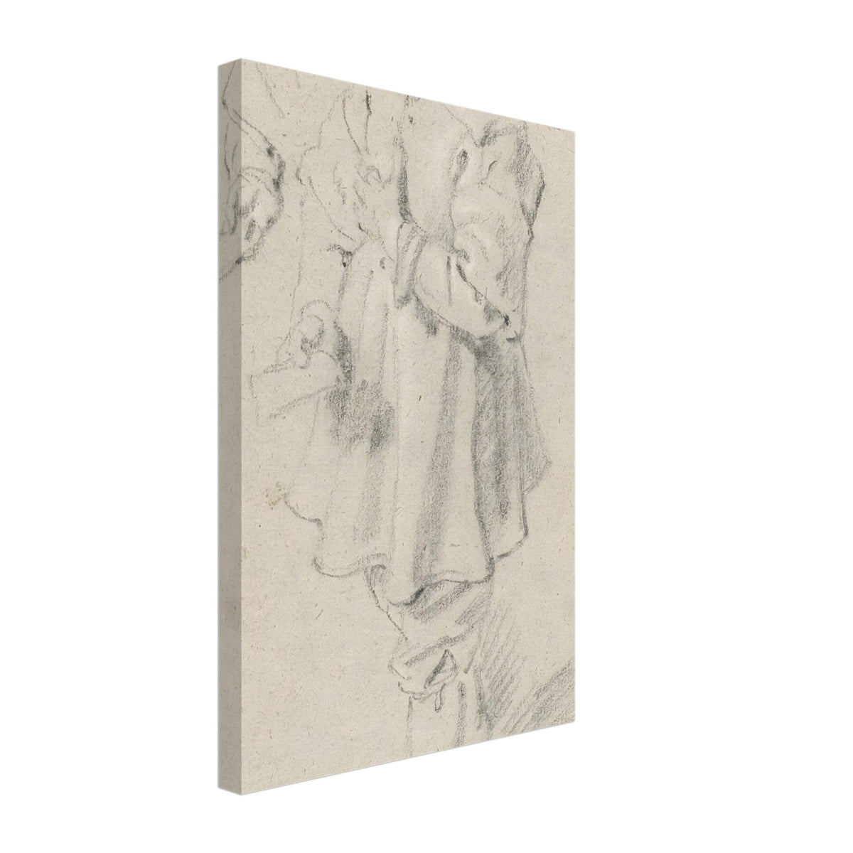 A black chalk sketch on warm-toned paper of a young boy in 17th-century clothing, standing in profile and looking to the left. — Slim Canvas