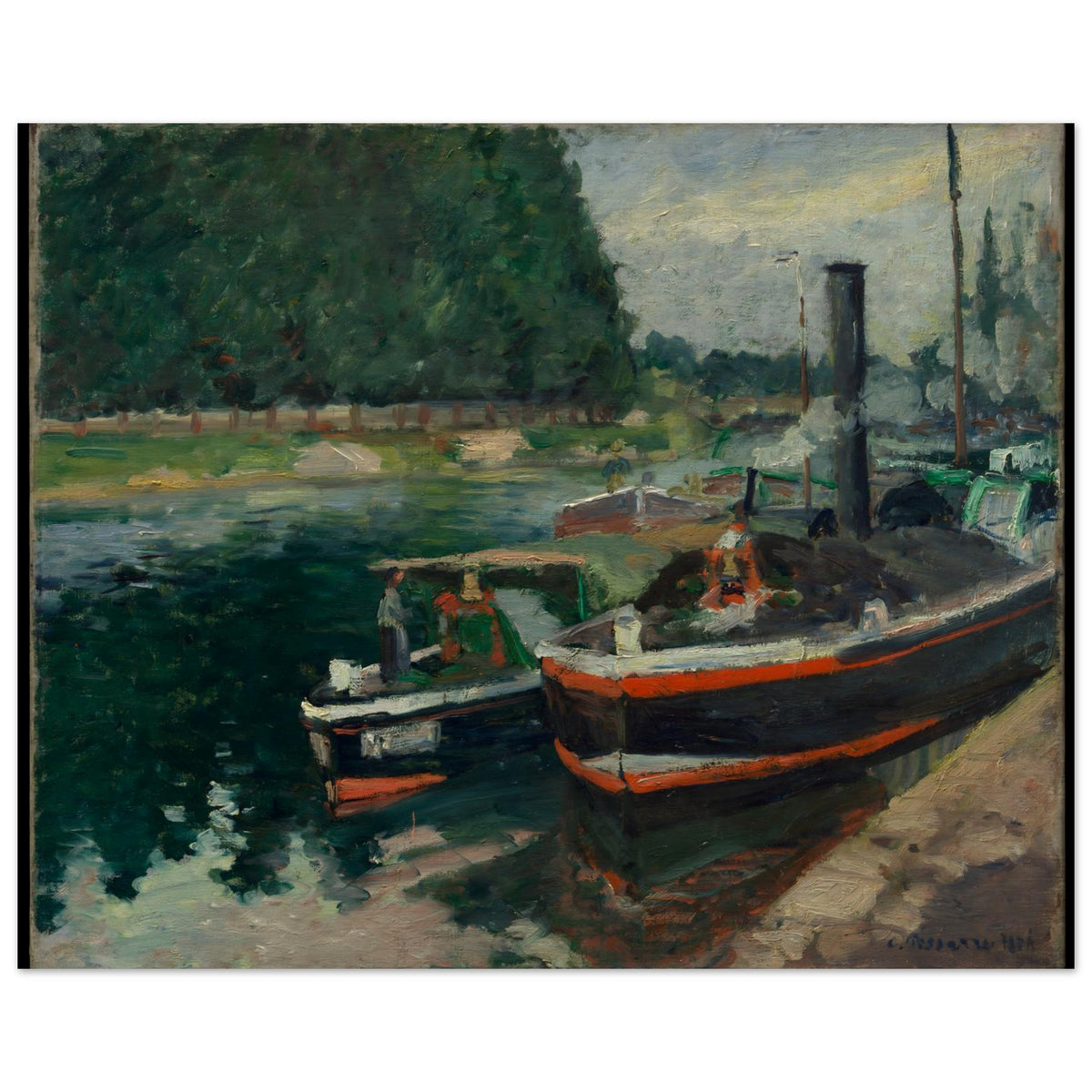 Impressionist oil painting of several barges moored on a green river. A large, dark boat with a red stripe is in the foreground. — Museum-Quality Poster